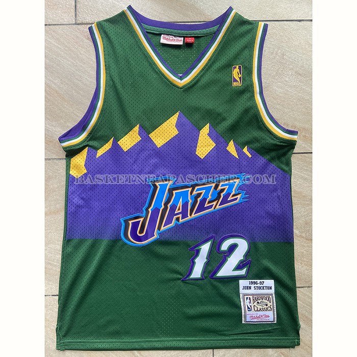 Maillot Utah Jazz John Stockton NO 12 Mitchell & Ness 1996-97 Vert